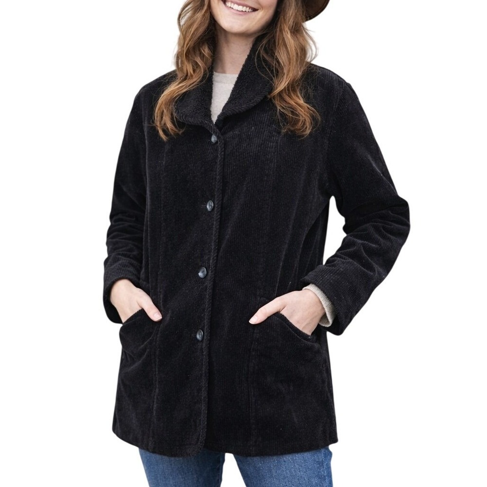 J.Jill Heritage Tumbled Cord Coat Black Textured Jacket Size M‎ Petite